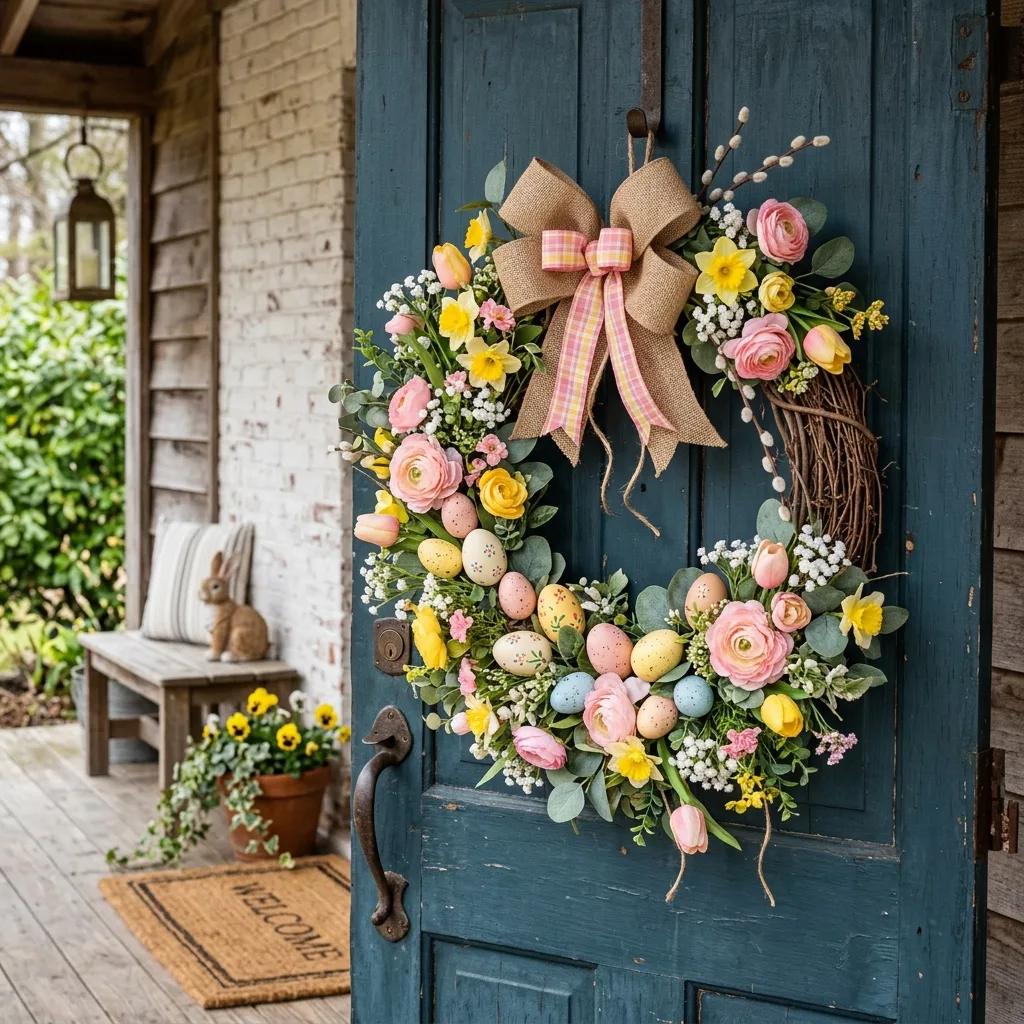 Farmhouse Easter wreath with flowers and eggs